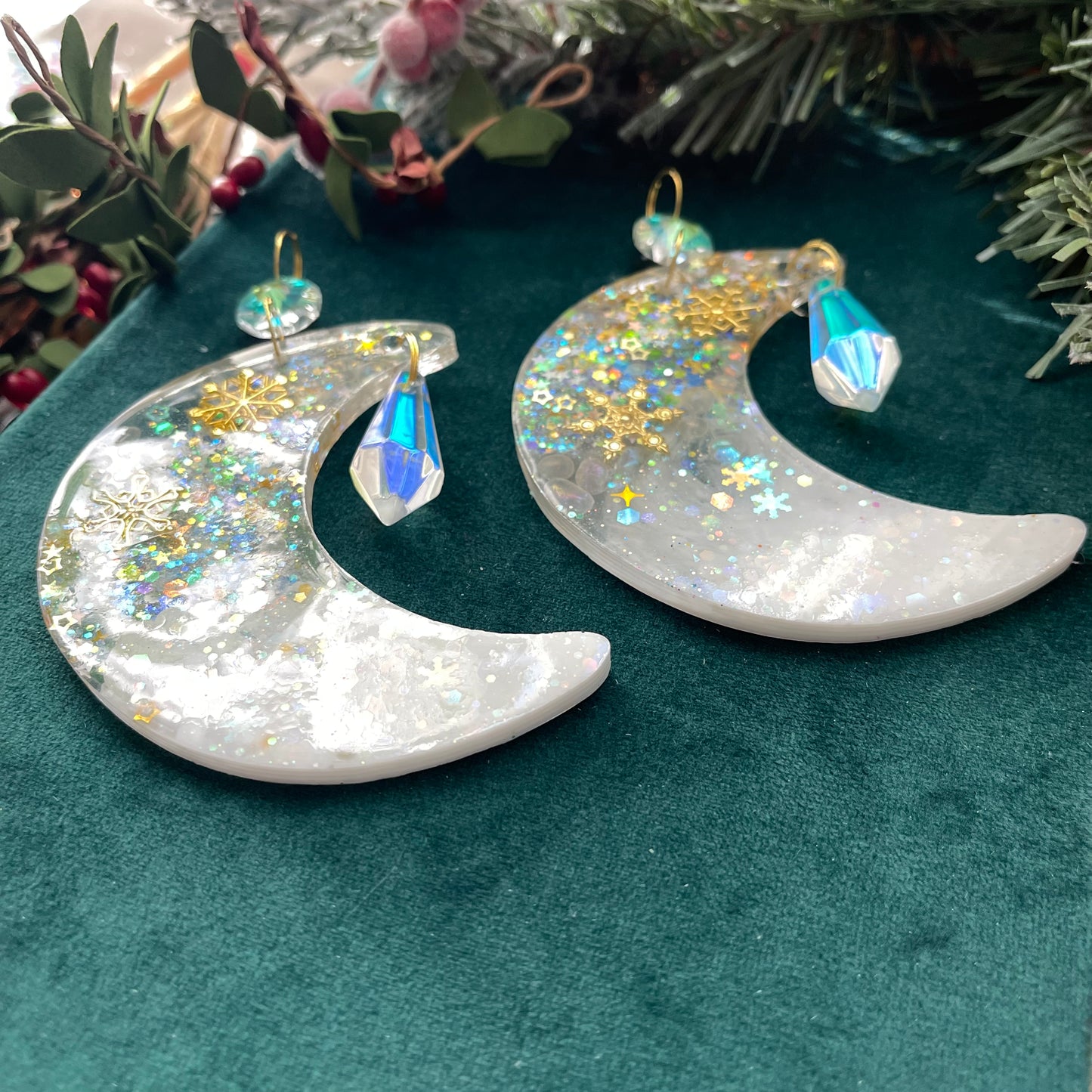 Moon Ornament - set of 2 - aura Quartz and gold