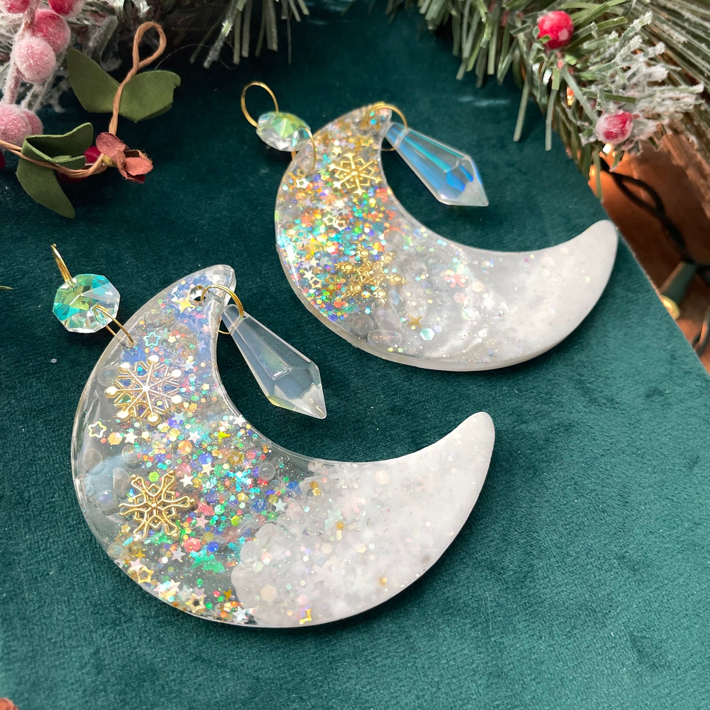 Moon Ornament - set of 2 - aura Quartz and gold